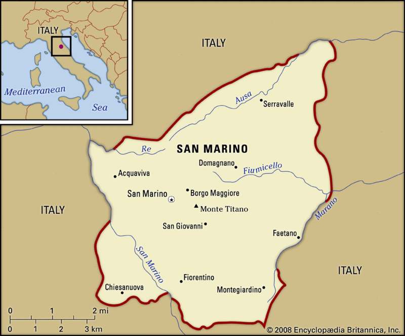 نقشه مارینو. کوچکترین استان ایران یعنی البرز، حدود صد برابر سن مارینو هست!